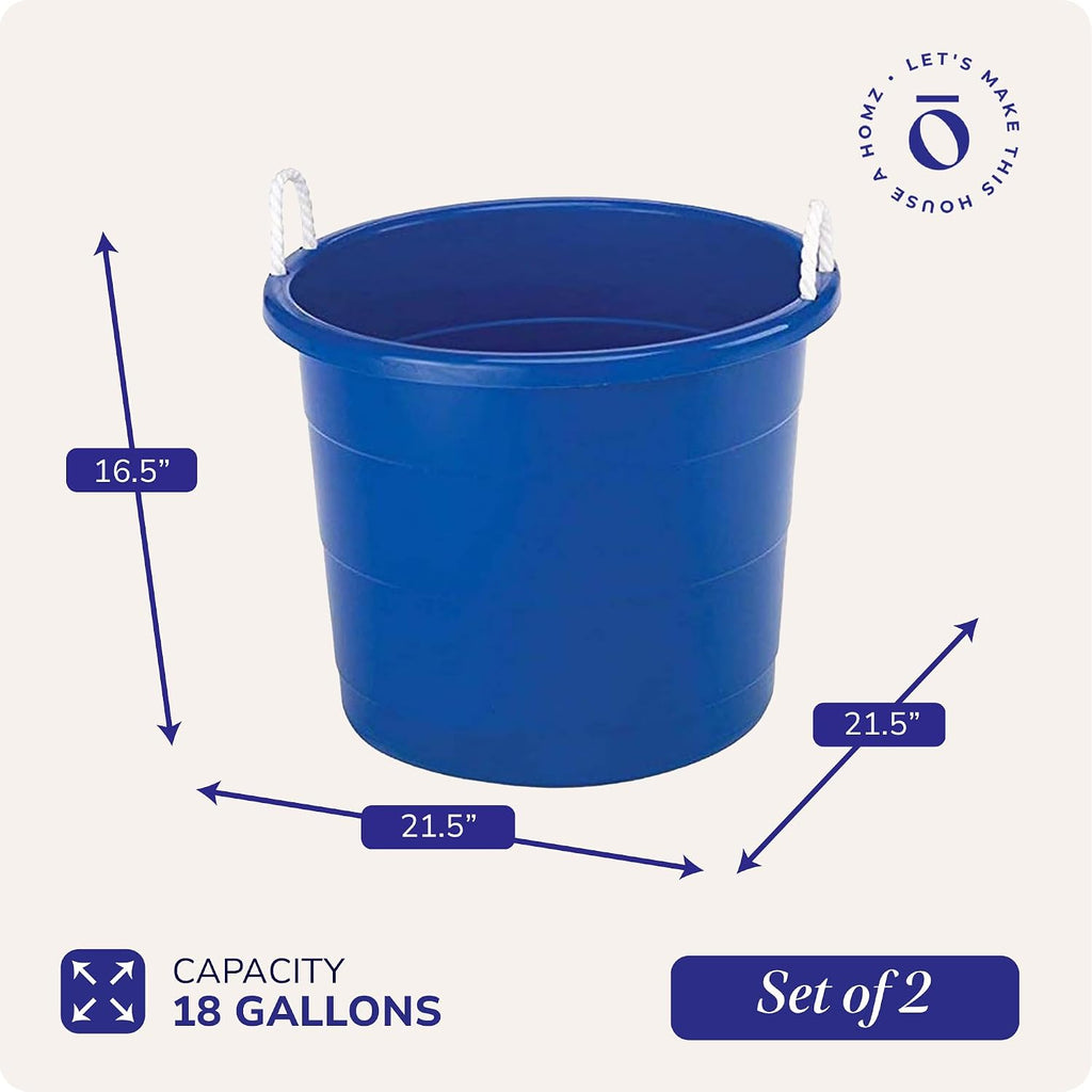 HOMZ Utility Tub, Storage Bucket with Rope Handles, 18 Gal, Blue, 2 Pack | Portable Plastic Container, Indoor and Outdoor Bucket for Kitchen, Laundry, Garden, Bathroom, and Garage Organization