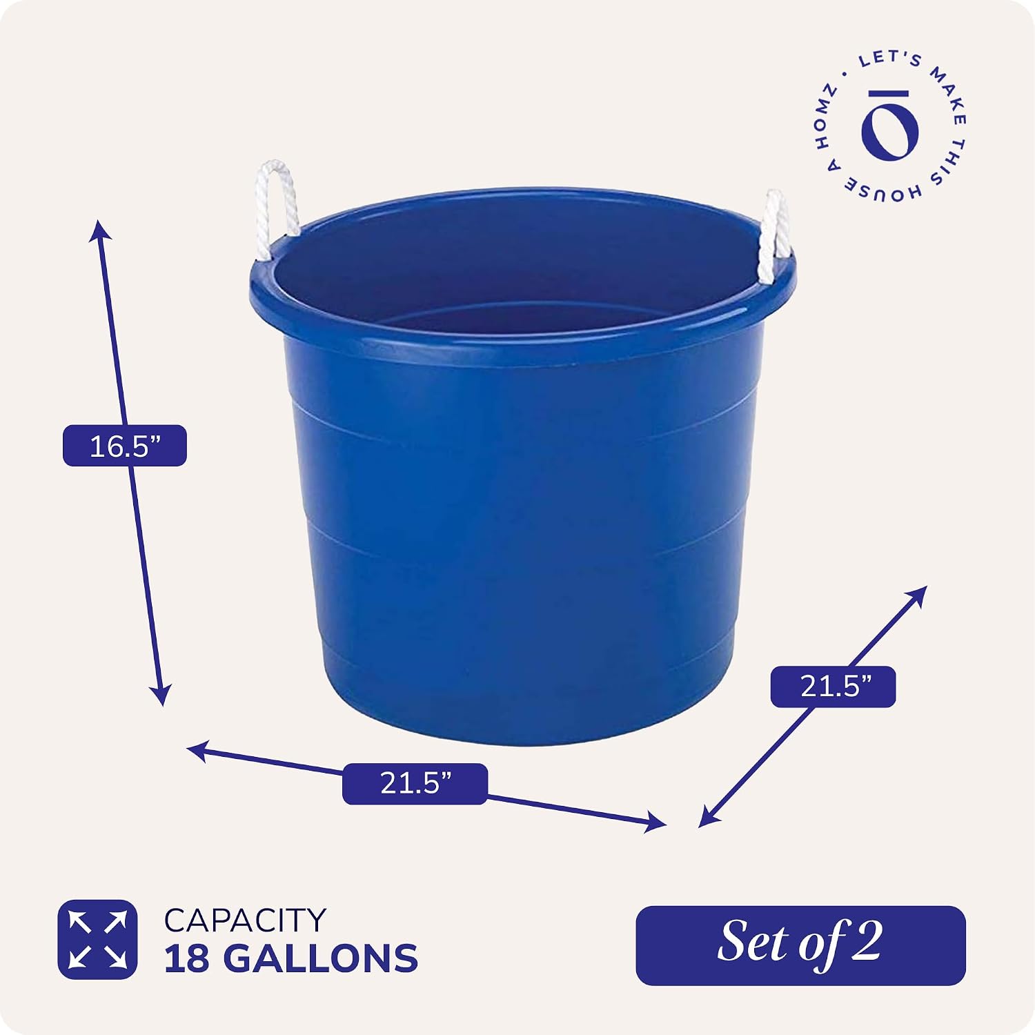 HOMZ Utility Tub, Storage Bucket with Rope Handles, 18 Gal, Blue, 2 Pack | Portable Plastic Container, Indoor and Outdoor Bucket for Kitchen, Laundry, Garden, Bathroom, and Garage Organization