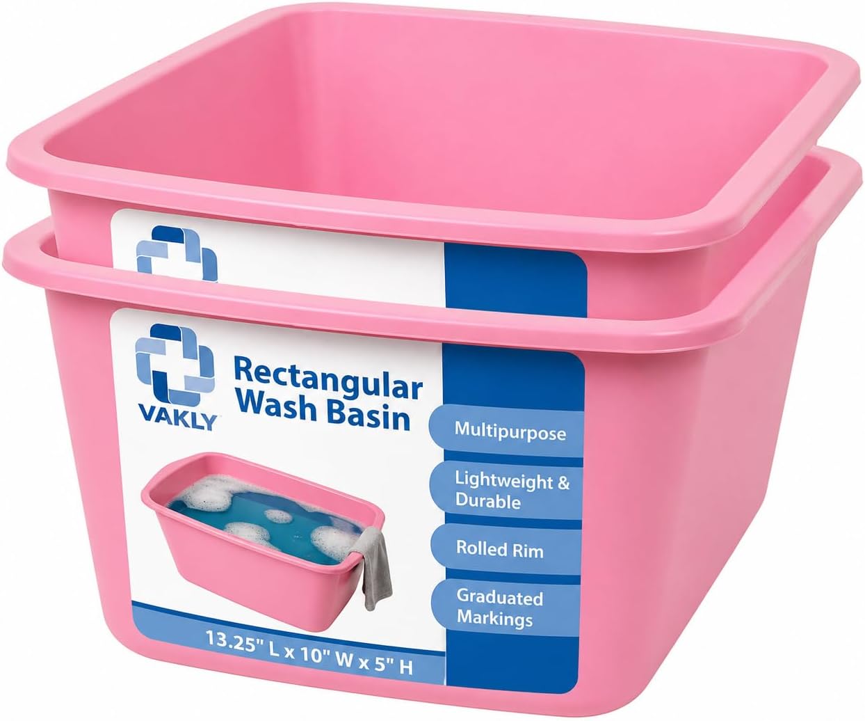 Vakly Plastic Wash Basin, 7 Qt, Rectangular, Graduated, 2 Pack | Hospital bedside soaking tub, Portable washbasin, Washing & cleaning, Foot bath, Face cleansing, Dish washing, Laundry