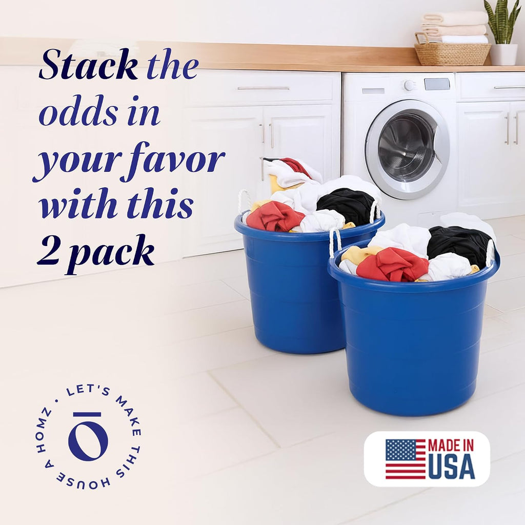 HOMZ Utility Tub, Storage Bucket with Rope Handles, 18 Gal, Blue, 2 Pack | Portable Plastic Container, Indoor and Outdoor Bucket for Kitchen, Laundry, Garden, Bathroom, and Garage Organization