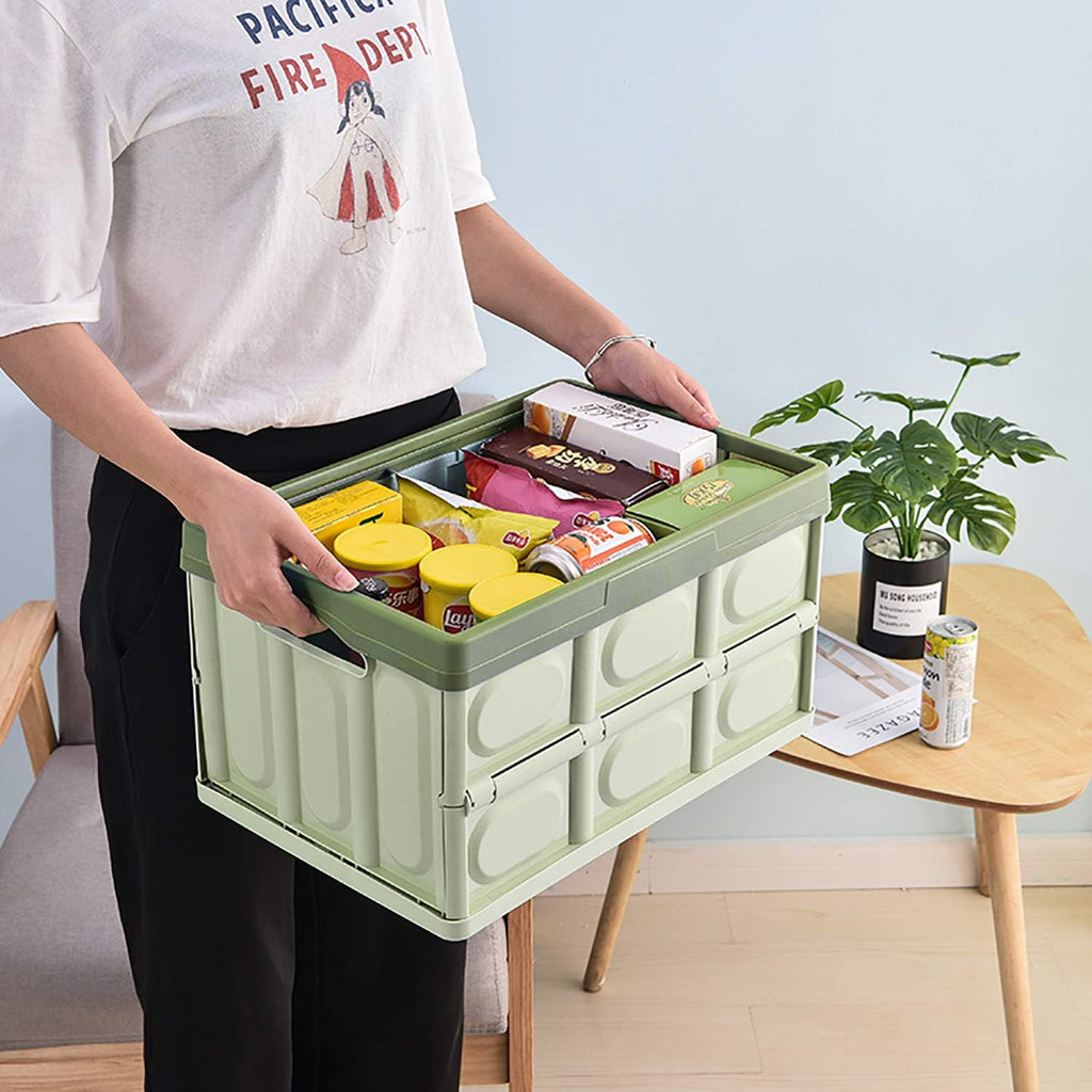 Lidded Storage Bins 2 Pack 30L Collapsible Storage Box Crates Plastic Tote Storage Box Container Stackable Folding Utility Crates for Clothes Books Snack Shoe Bag and Grocery Storage Bin-Green