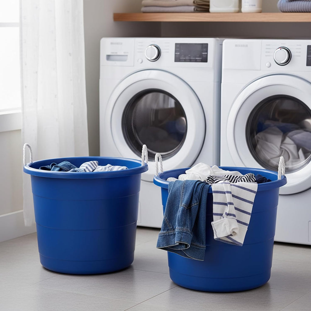 HOMZ Utility Tub, Storage Bucket with Rope Handles, 18 Gal, Blue, 2 Pack | Portable Plastic Container, Indoor and Outdoor Bucket for Kitchen, Laundry, Garden, Bathroom, and Garage Organization