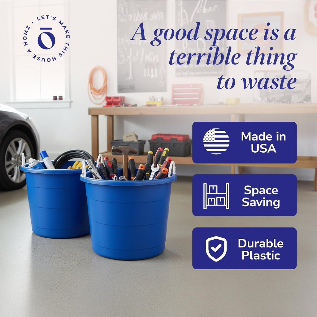 HOMZ Utility Tub, Storage Bucket with Rope Handles, 18 Gal, Blue, 2 Pack | Portable Plastic Container, Indoor and Outdoor Bucket for Kitchen, Laundry, Garden, Bathroom, and Garage Organization