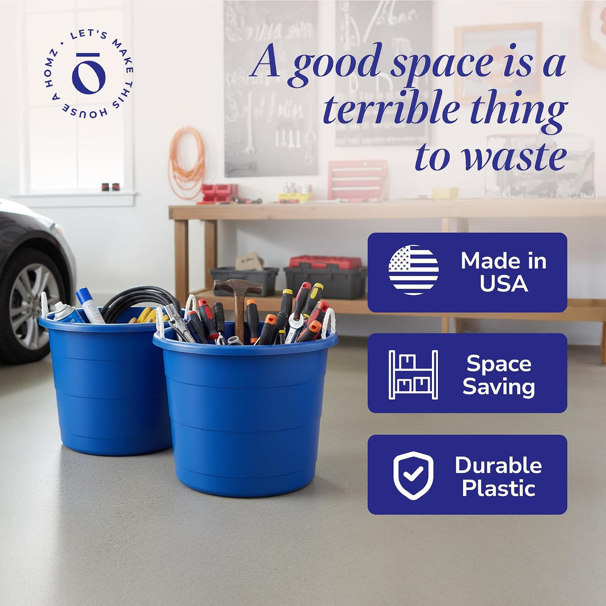 HOMZ Utility Tub, Storage Bucket with Rope Handles, 18 Gal, Blue, 2 Pack | Portable Plastic Container, Indoor and Outdoor Bucket for Kitchen, Laundry, Garden, Bathroom, and Garage Organization