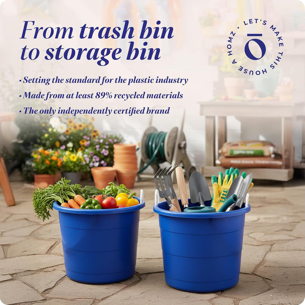 HOMZ Utility Tub, Storage Bucket with Rope Handles, 18 Gal, Blue, 2 Pack | Portable Plastic Container, Indoor and Outdoor Bucket for Kitchen, Laundry, Garden, Bathroom, and Garage Organization